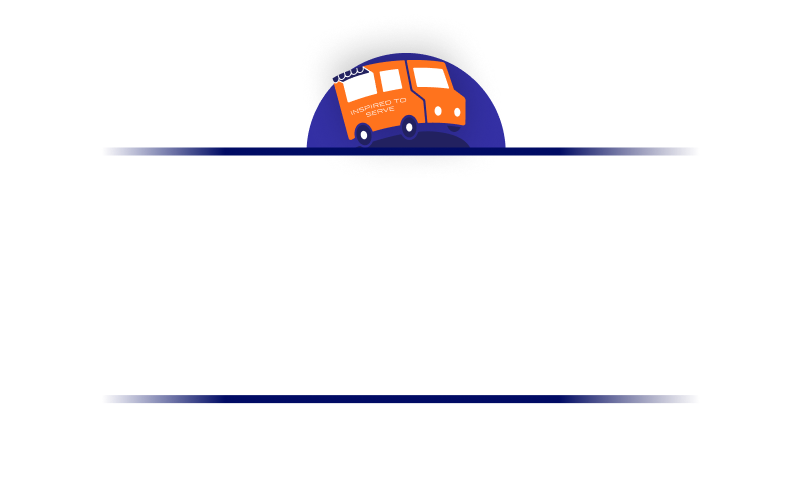 Five women stand in a line beneath a bus with the slogan "Inspired to Serve" on its side.