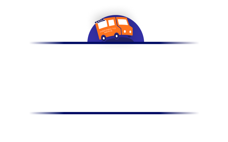 A food truck with "Inspired to Serve" on it is positioned above a grid of nine white house icons.