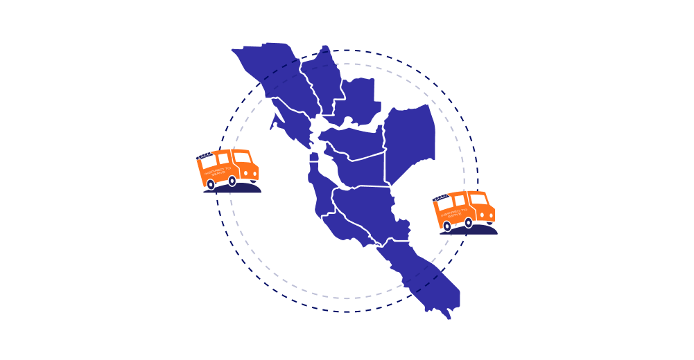 Map of Italy with two orange delivery trucks traveling between northern and southern regions.