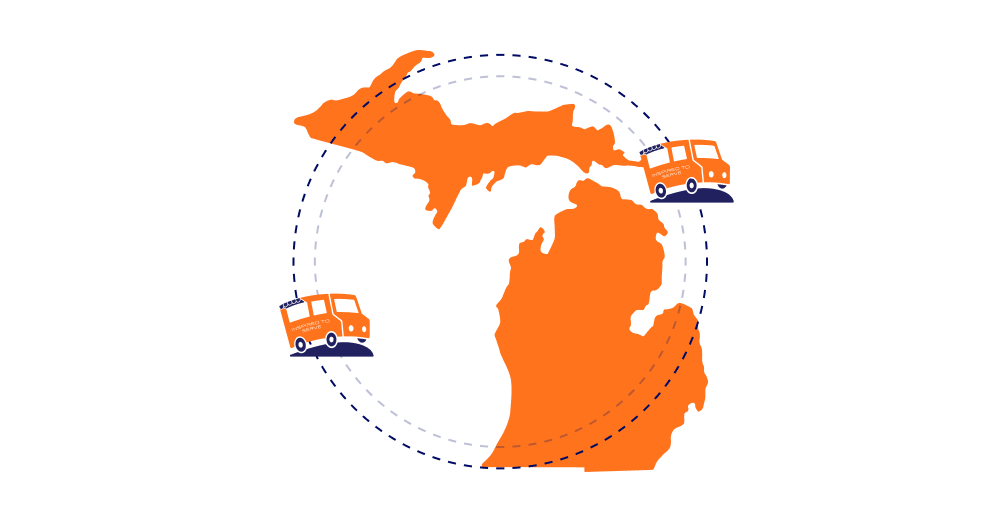 Orange delivery trucks travel between North America and Europe, circling a map of the continents.