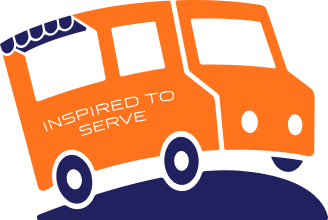 An orange food truck with the words "Inspired to Serve" on its side, parked on a dark surface.