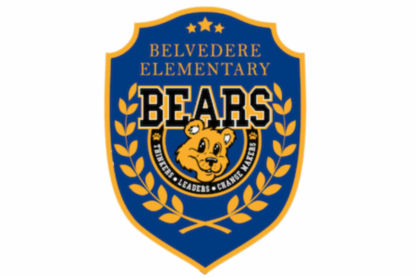 A school badge for Belvedere Elementary featuring a bear's face, blue background, gold border, and laurel wreath.
