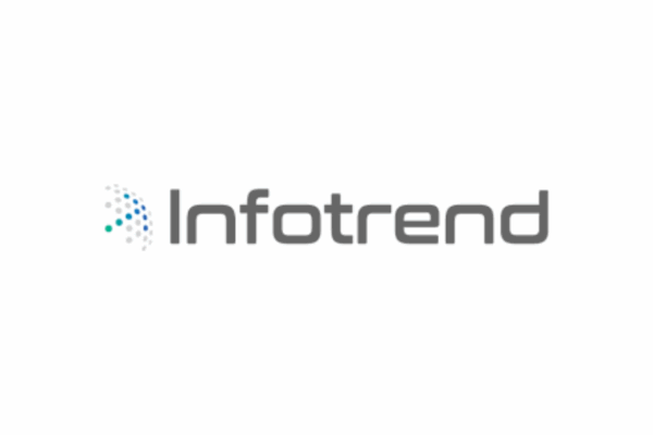 The image displays the "Infotrend" logo with a stylized dotted sphere on the left and the company name in gray text.