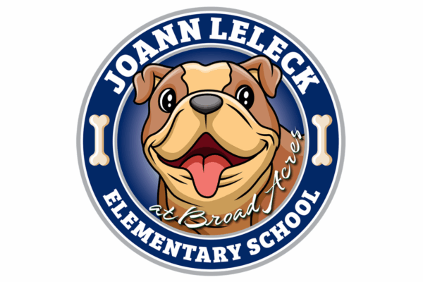 A circular logo featuring a smiling bulldog with "JoAnn Leleck Elementary School" and "at Broad Acres" written around it.