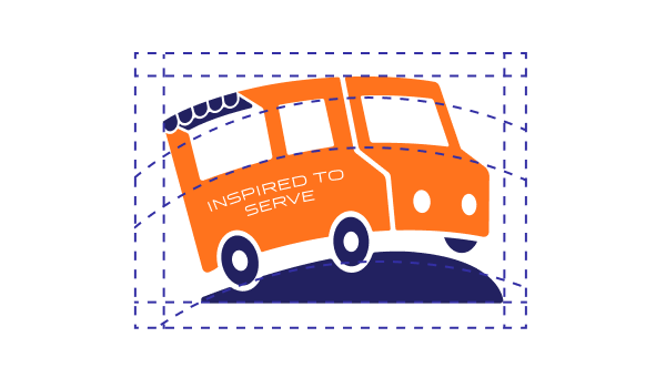 An orange bus with "Inspired to Serve" written on its side, positioned on a dark blue hill, with dashed lines indicating