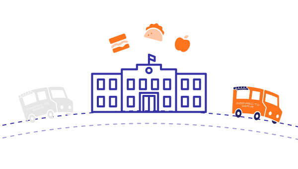 Colorful illustration of a school building with food items and two buses, one on each side, on a curved road.
