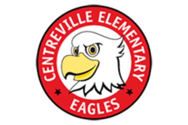 Eagle mascot with glasses inside a red circle that reads "Centennaireville Elementary Eagles."