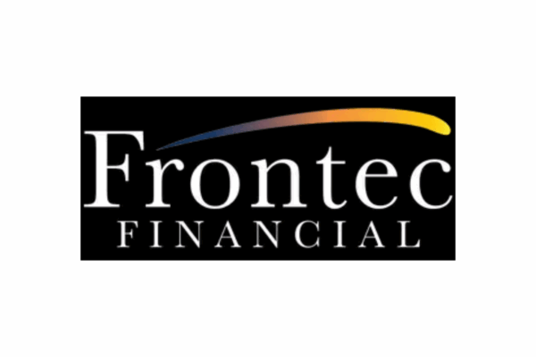 Frontec Financial logo with a black background, white text, and a curved yellow and blue swoosh above the name.