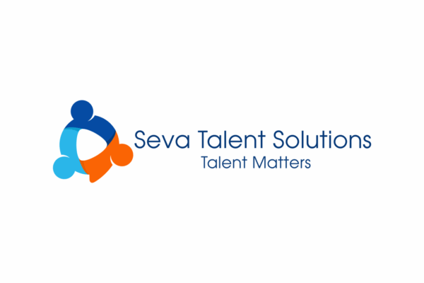 Seva Talent Solutions logo features three abstract human figures in blue, light blue, and orange, forming a circle next to