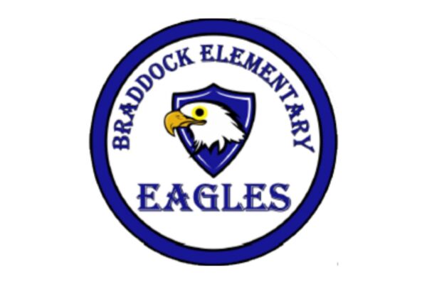 Logo of "Braddock Elementary Eagles" in blue and white.