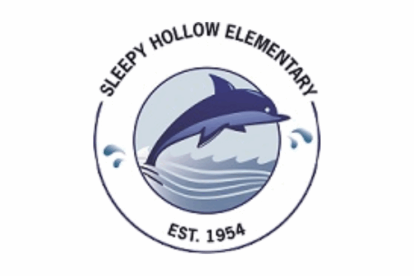 Dolphin jumping out of water inside a circular logo with the text "Sleepy Hollow Elementary" and "Est. 1954."