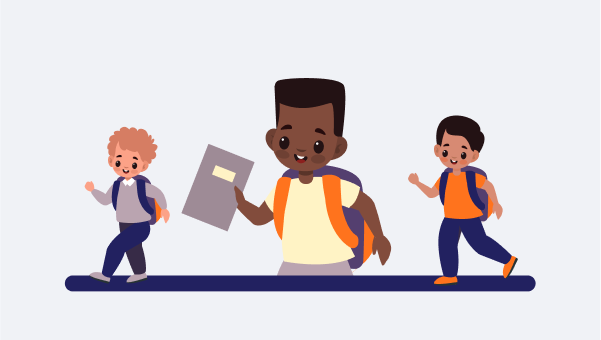 Three children with backpacks walk happily, one holding a book, on a dark blue path against a light background.